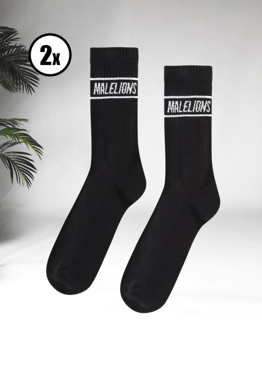 Zijaanzicht van zwarte Malelions sokken met de tekst Malelions op het scheen gedeelte.