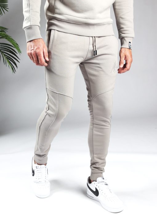 Vooraanzicht onderlichaam van model gekleed in lichtgrijze trackpants met het Malelions logo op de linker bovenbeen. De trackpants hebben lijnen van dubbele naden waardoor de broek een sportieve look heeft.