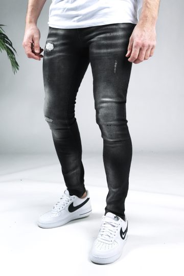 Voorkant Malelions zwarte heren skinny jeans met damaged uitstraling.