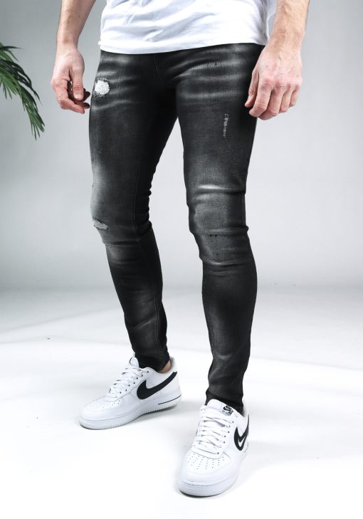 Voorkant Malelions zwarte heren skinny jeans met damaged uitstraling.