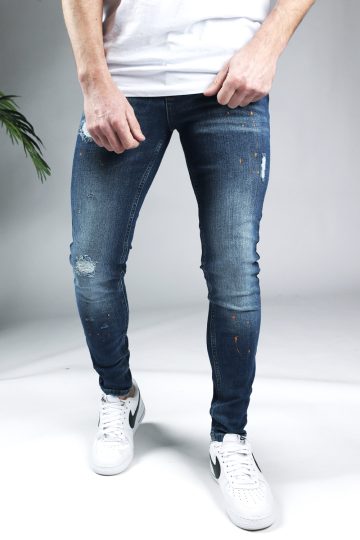 Voorkant Malelions donkerblauwe heren skinny jeans met damaged uitstraling.