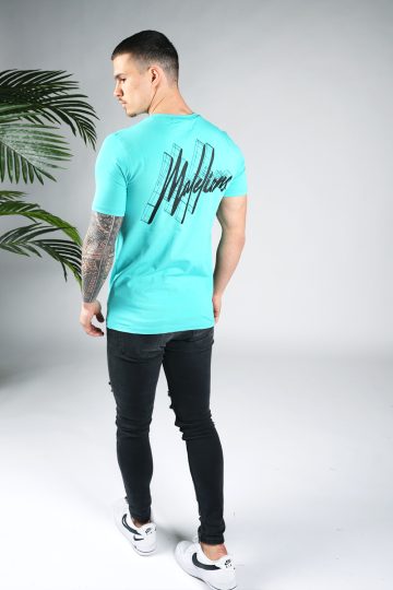 Totaal achteraanzicht van model gekleed in een heren T-shirt in turquoise kleur, met ronde hals en een slim fit pasvorm. Het T-shirt is voorzien van het MALELIONS-logo op de achterkant.