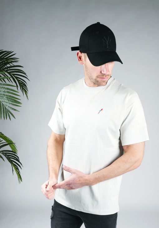 Vooraanzicht van model gekleed in een heren T-shirt in lichtgrijze kleur, met een ronde hals en een relaxed fit pasvorm. Het T-shirt is voorzien van het QUOTRELL-logo en een papegaai op de linkerborst. Het T-shirt wordt door het model gecombineerd met een zwarte pet.