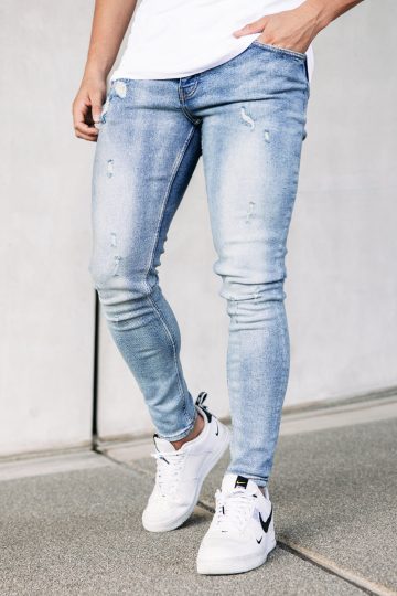 Cotton District TAPERED FIT JEANS MID BLUE RIPPED